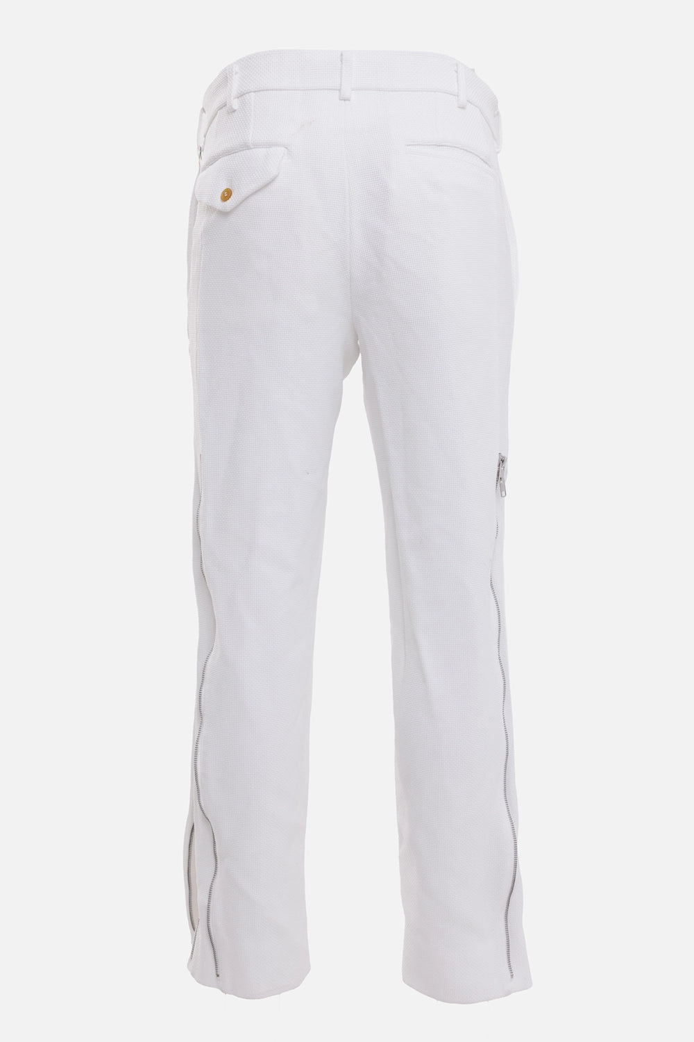 Comme des Garçons men's trousers in white, back view, welt pockets and silver side zippers