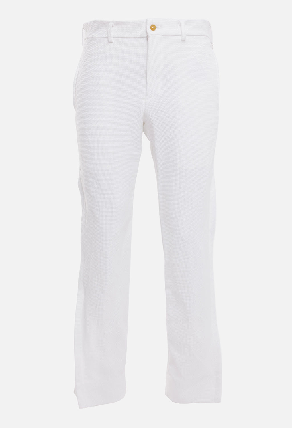 Comme des Garçons men's trousers in white, front view, belt loops and brown button at waistband