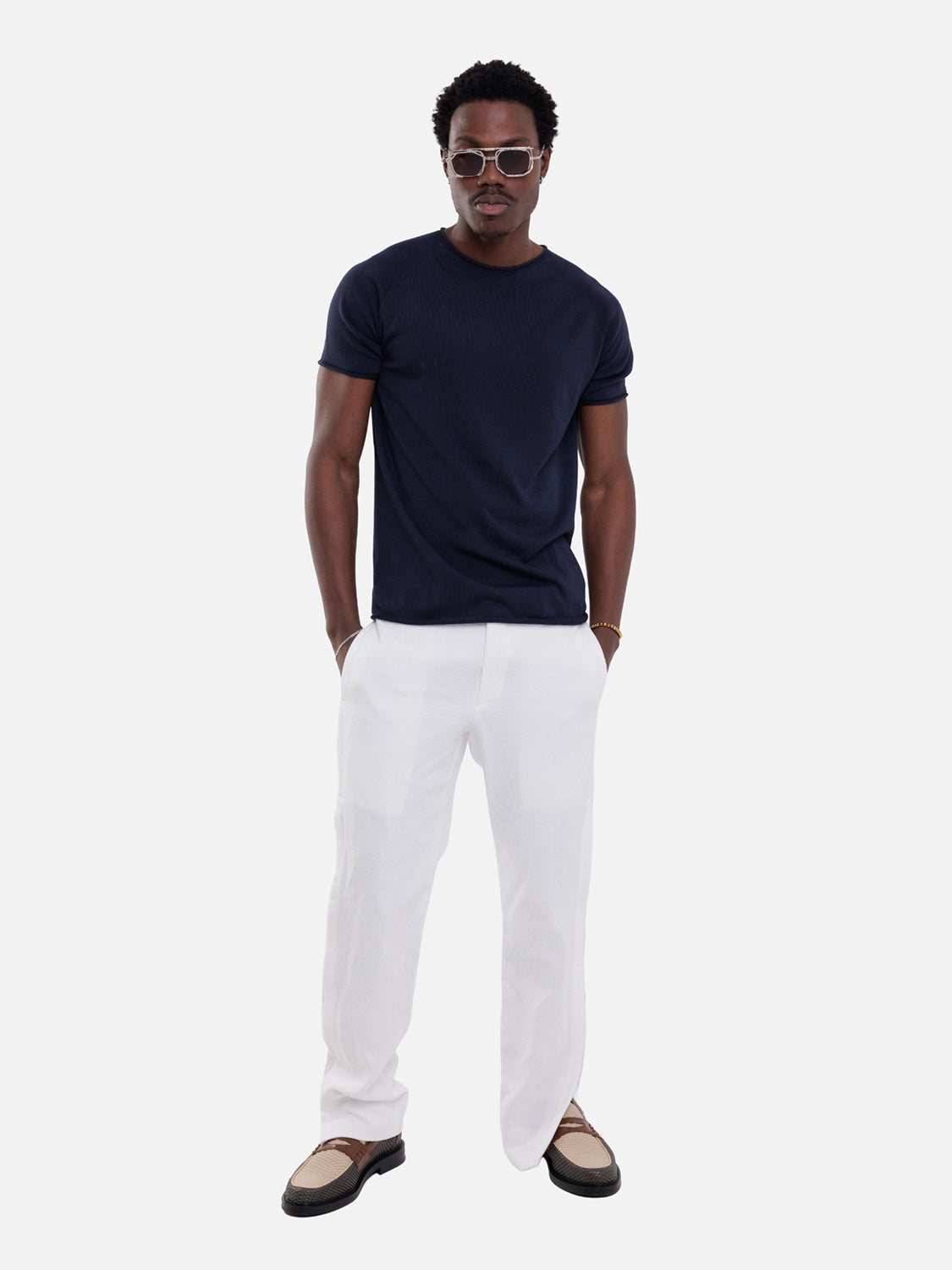 Comme des Garçons men's trousers in white, on-model full-length, textured straight leg and clean front