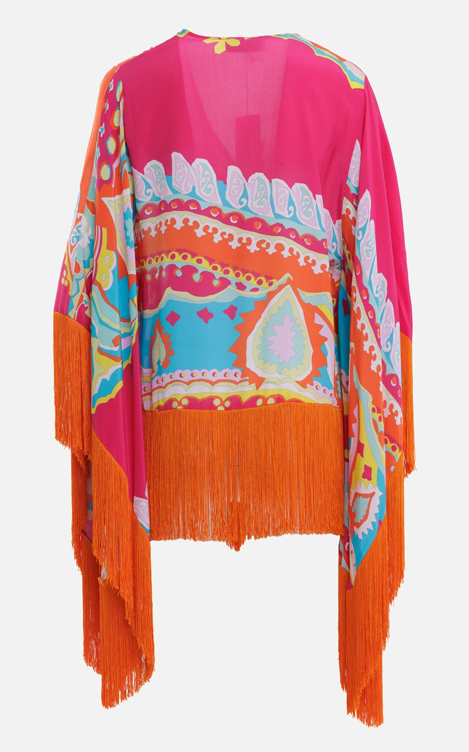 Leonard women's poncho top in multicolor, back view, pink panel and orange fringe hem