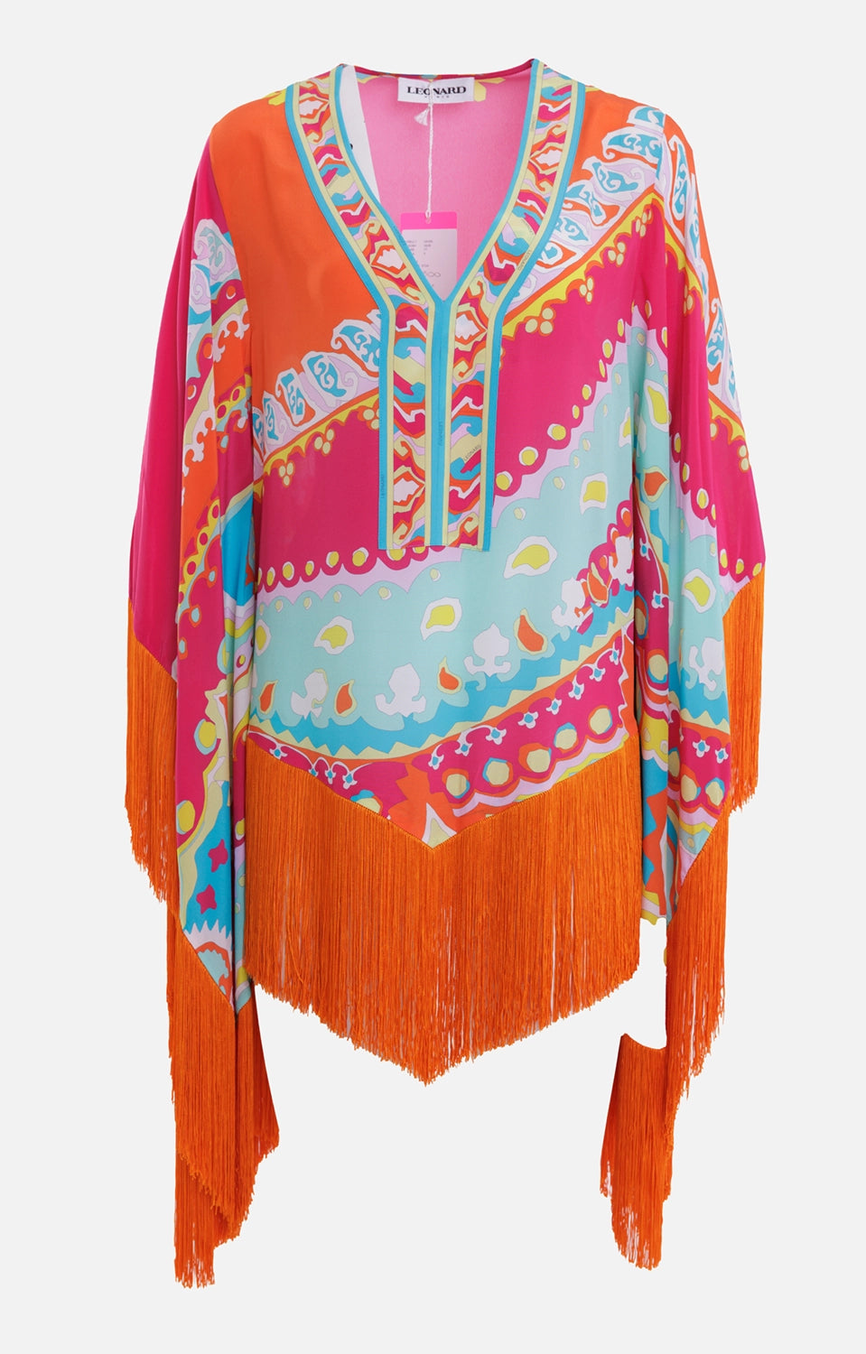 Leonard women's poncho top in multicolor, front view, V neckline and long orange fringe trim