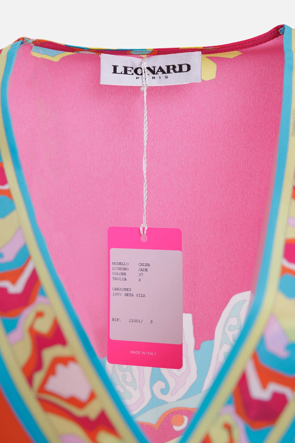 Leonard women's poncho top in multicolor, label detail, hangtag showing Calba model and silk fabric