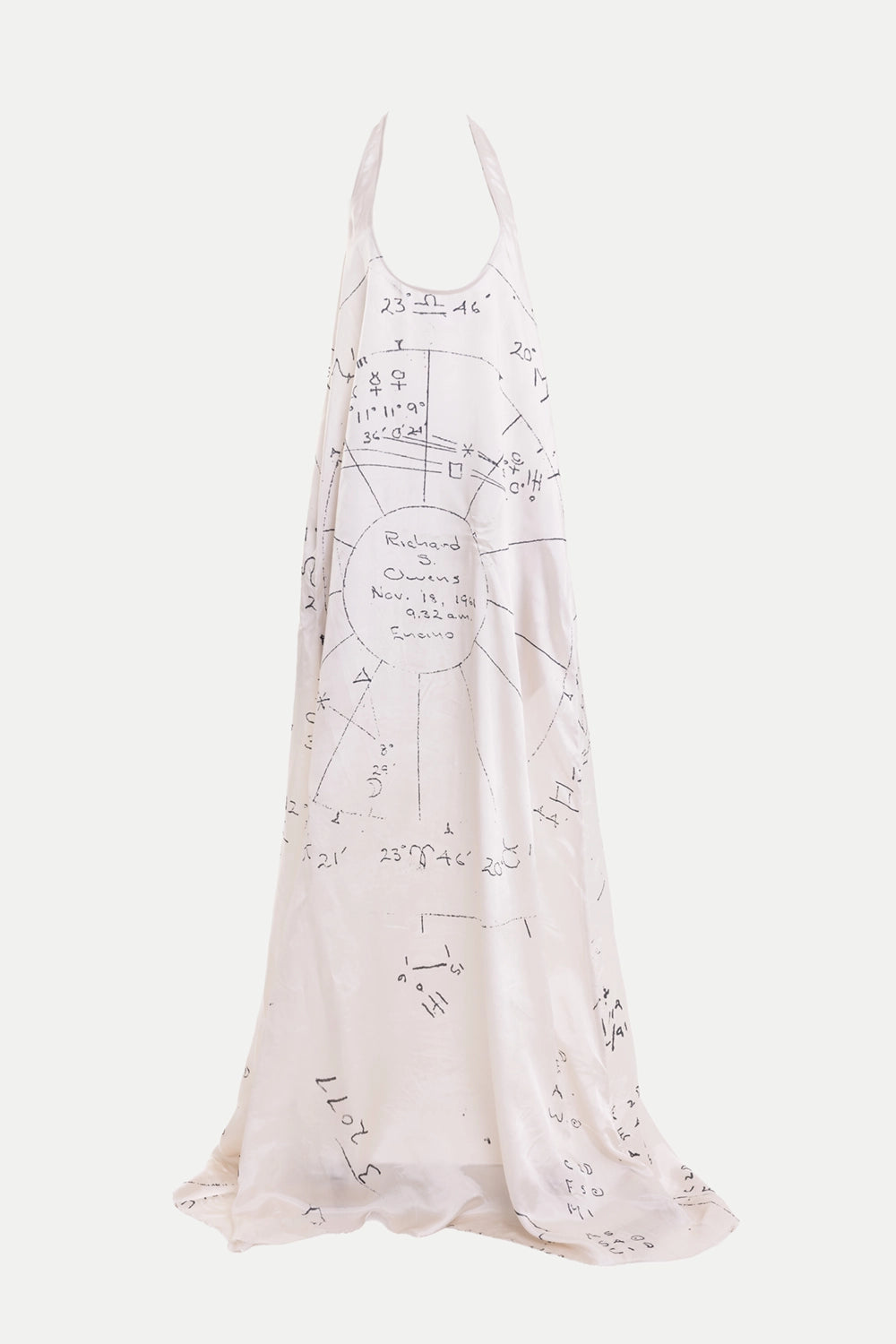 Rick Owens women's silk gown in milk and black, front view, narrow straps and large natal chart print