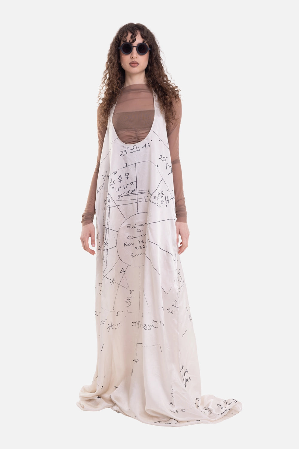 Rick Owens women's silk gown in milk and black, on-model full-length view, astrology print over sheer brown top