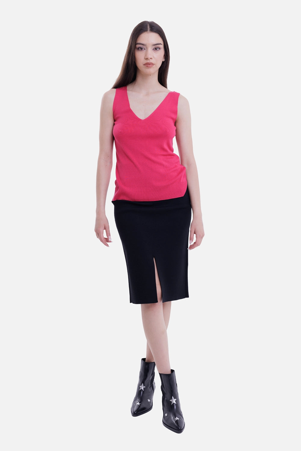 JOSEPH women's silk knit vest top in Fuchsia, on-model full-length with deep V-neck and wide ribbed hem