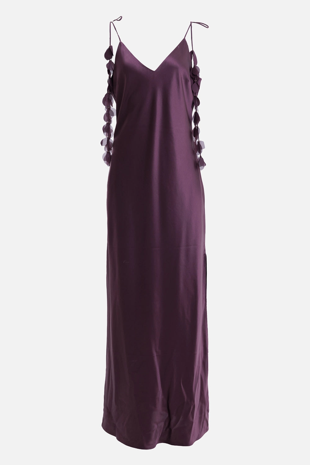 By Malene Birger women's silk maxi slip dress in aubergine, back view with deep V-back and adjustable tie straps