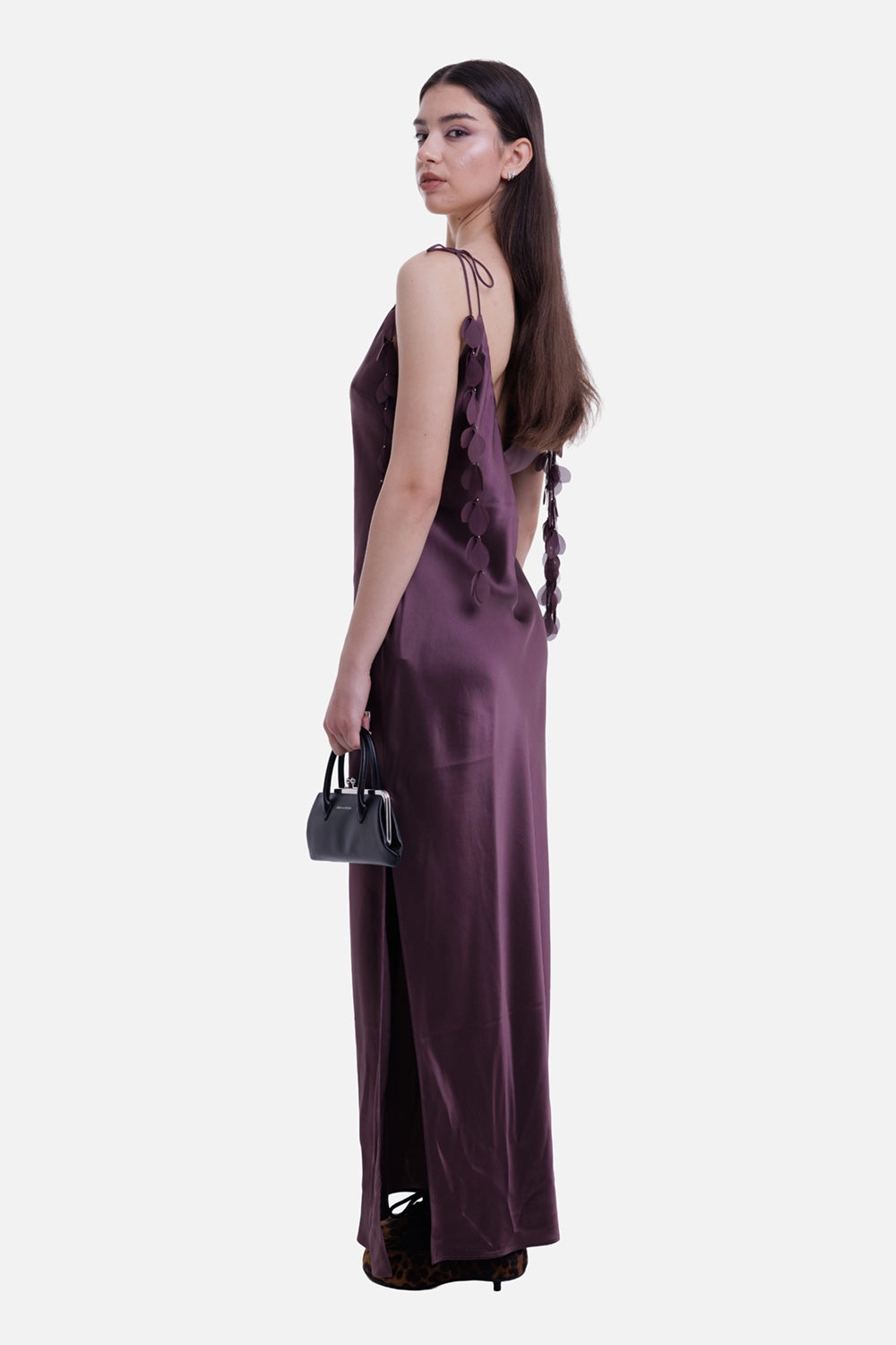 By Malene Birger women's silk maxi slip dress in aubergine, full-length on-model view with handsewn leaf straps