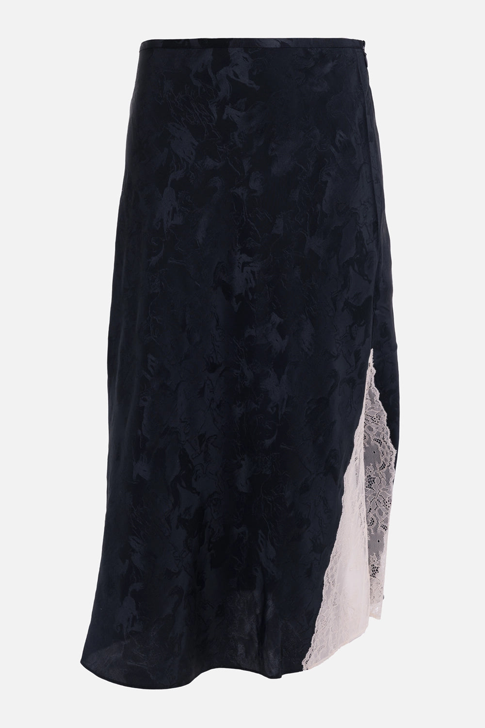 Zadig&Voltaire women's silk midi skirt in Gloom, front view with tonal horse jacquard and contrast lace slit
