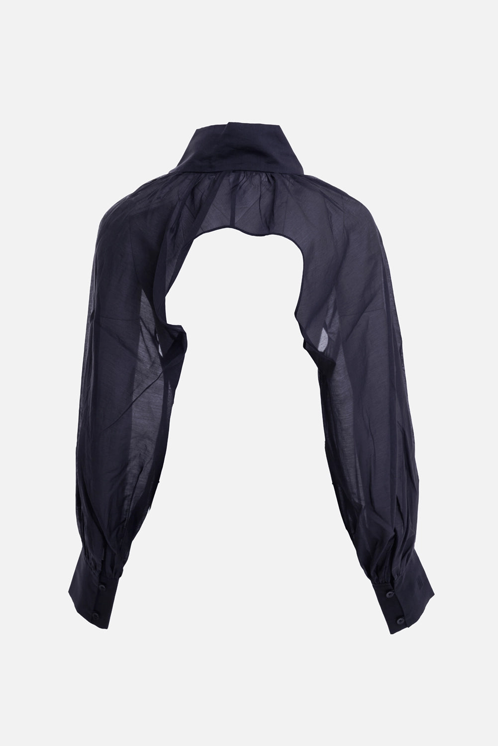 By Malene Birger women's black silk organza bolero, back view with open centre and gathered sheer shoulders