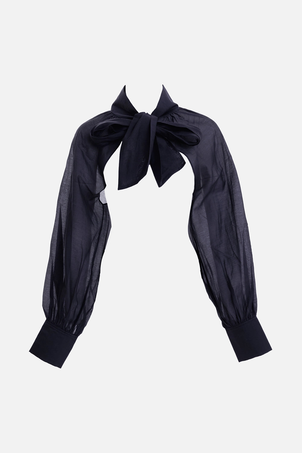 By Malene Birger women's black silk organza bolero, front view with scarf neckline, bow and wide buttoned cuffs