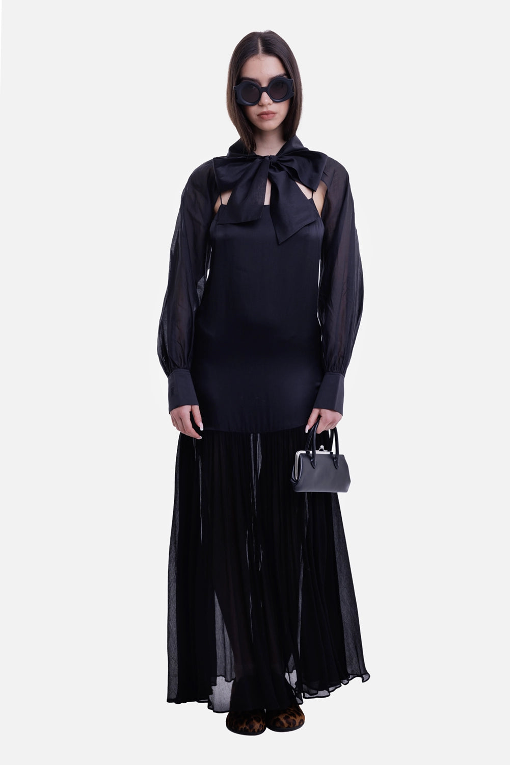 By Malene Birger women's black silk organza bolero, on-model view with oversized bow and sheer blouson sleeves