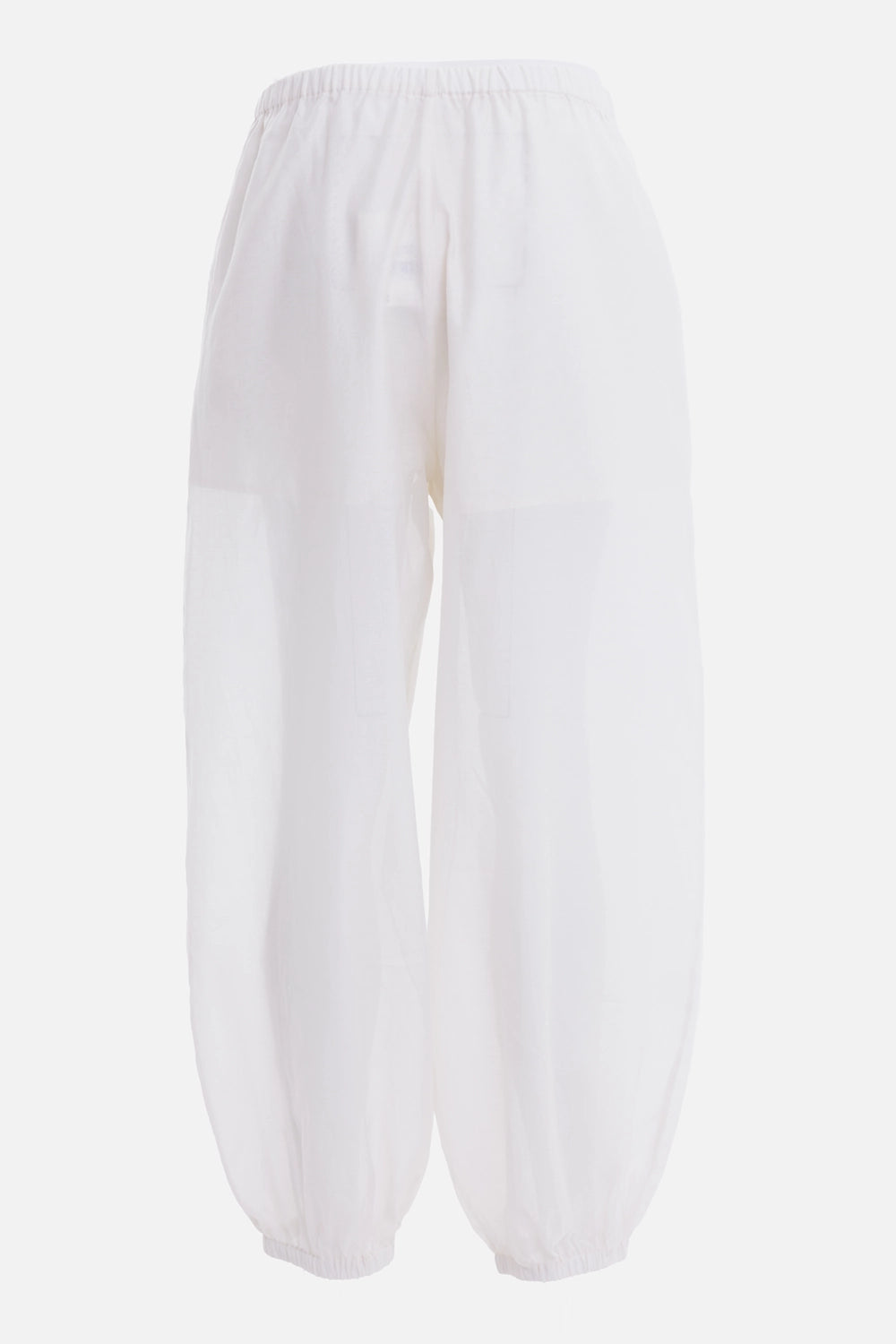 By Malene Birger women's trousers in Soft White, back view with curved legs and gathered ankle cuffs