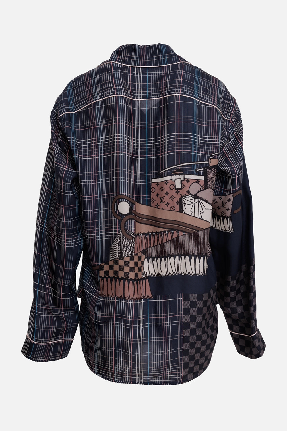 Louis Vuitton men's silk pajama shirt in navy multicolor, back view, patchwork graphic and piped yoke