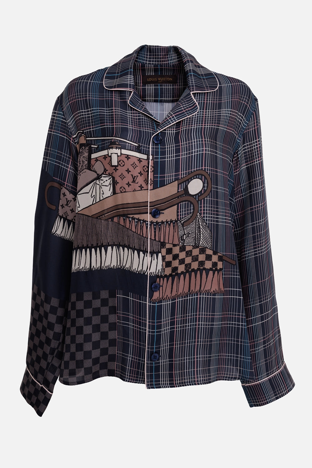 Louis Vuitton men's silk pajama shirt in navy multicolor, front view, blue buttons and contrast piping