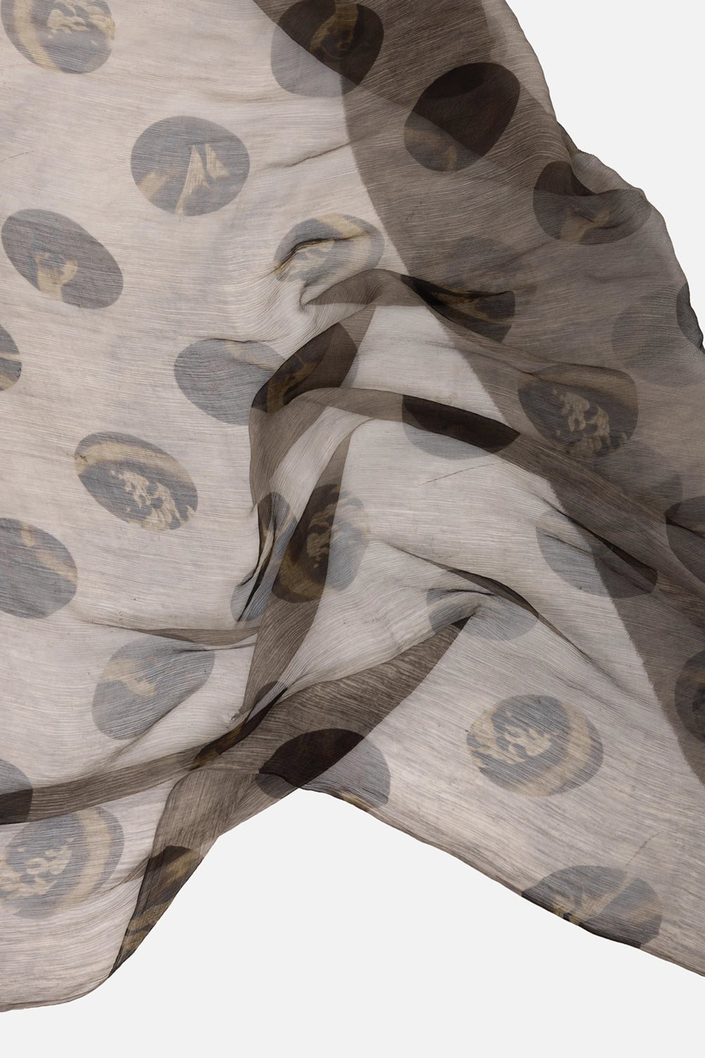 Uma Wang women's silk scarf in grey/brown, fabric close-up, crinkled sheer weave with circular print