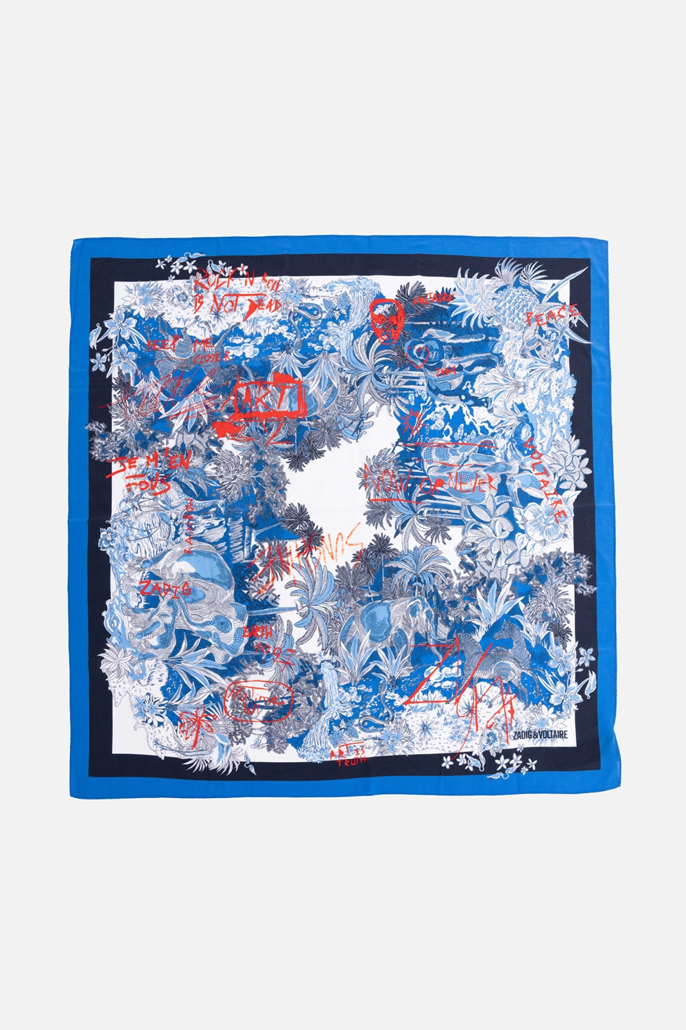 Zadig&Voltaire women’s silk scarf in Sixtine blue, front view, jungle illustration with red graffiti text and blue border