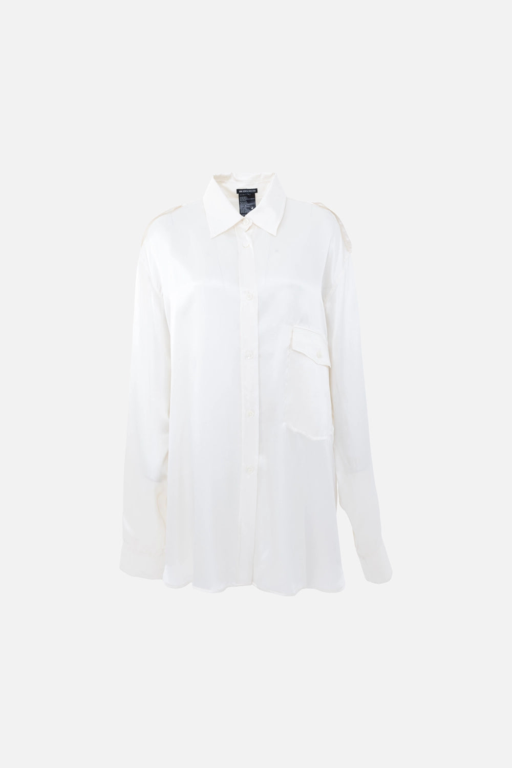 Pre-owned Ann Demeulemeester silk shirt in ivory, front view, button placket and flap chest pocket