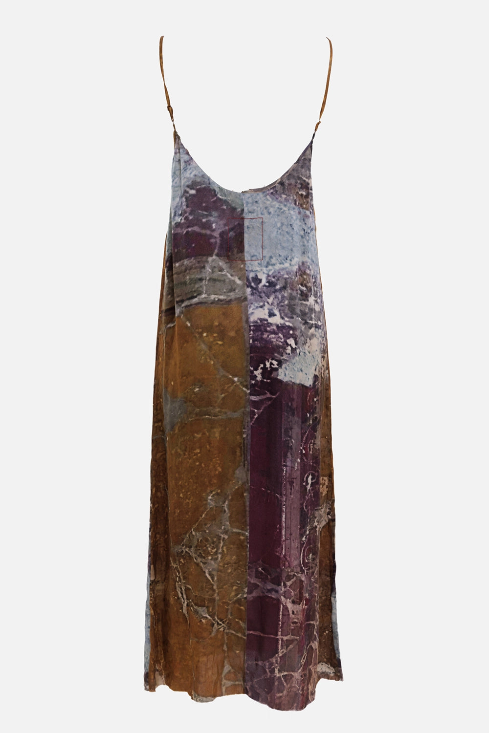 Uma Wang women's slip dress in brown, back view, scoop back and patchwork-style print panels