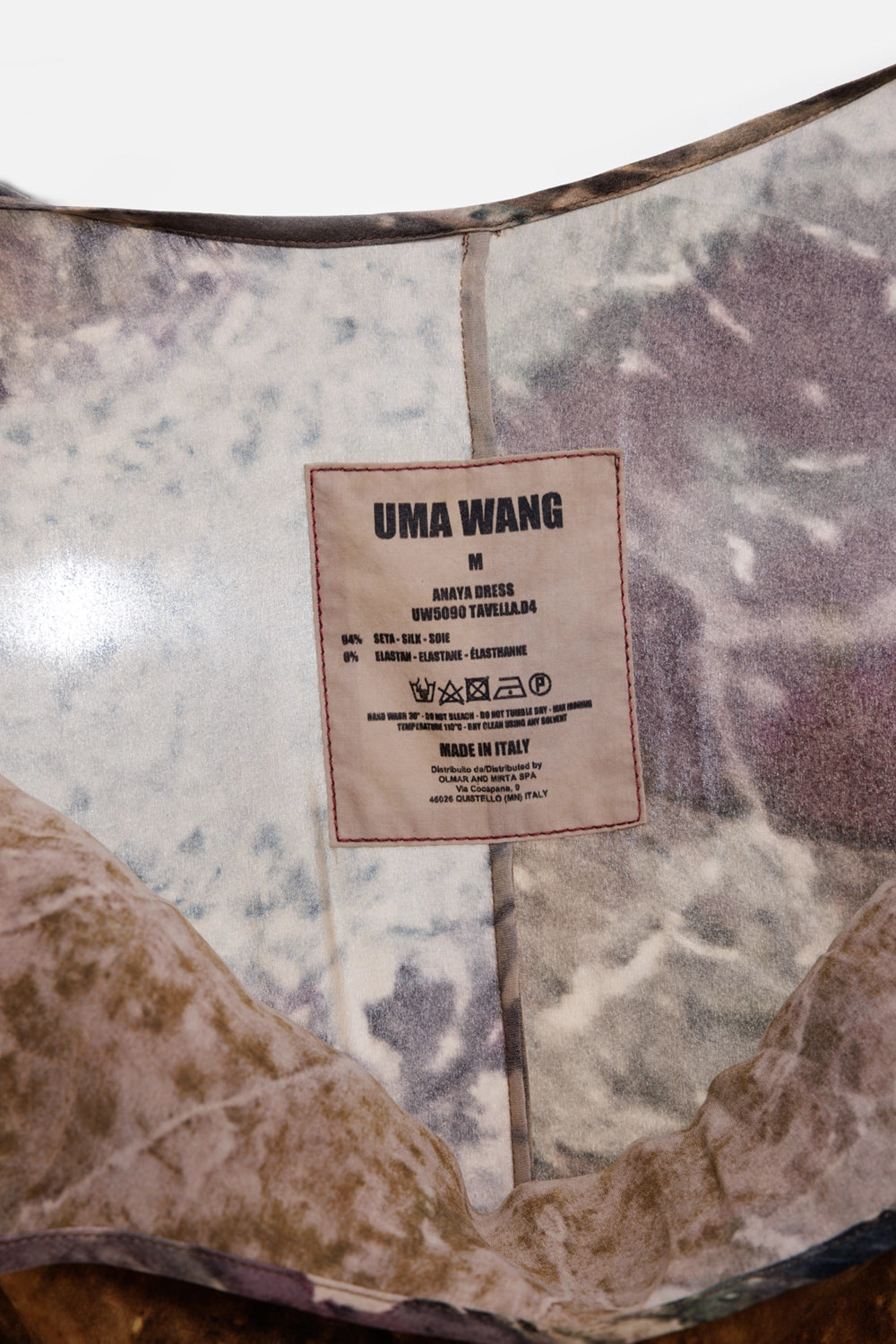 Uma Wang women's slip dress in brown, label detail, care tag showing Anaya dress and silk composition