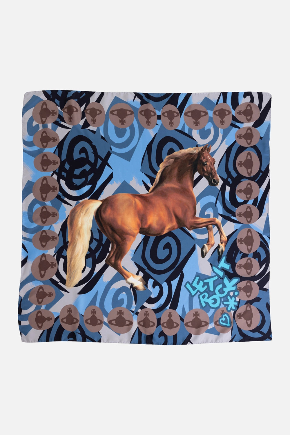 Vivienne Westwood unisex silk square scarf in aqua, front view with horse motif, orb border and Let It Rock print