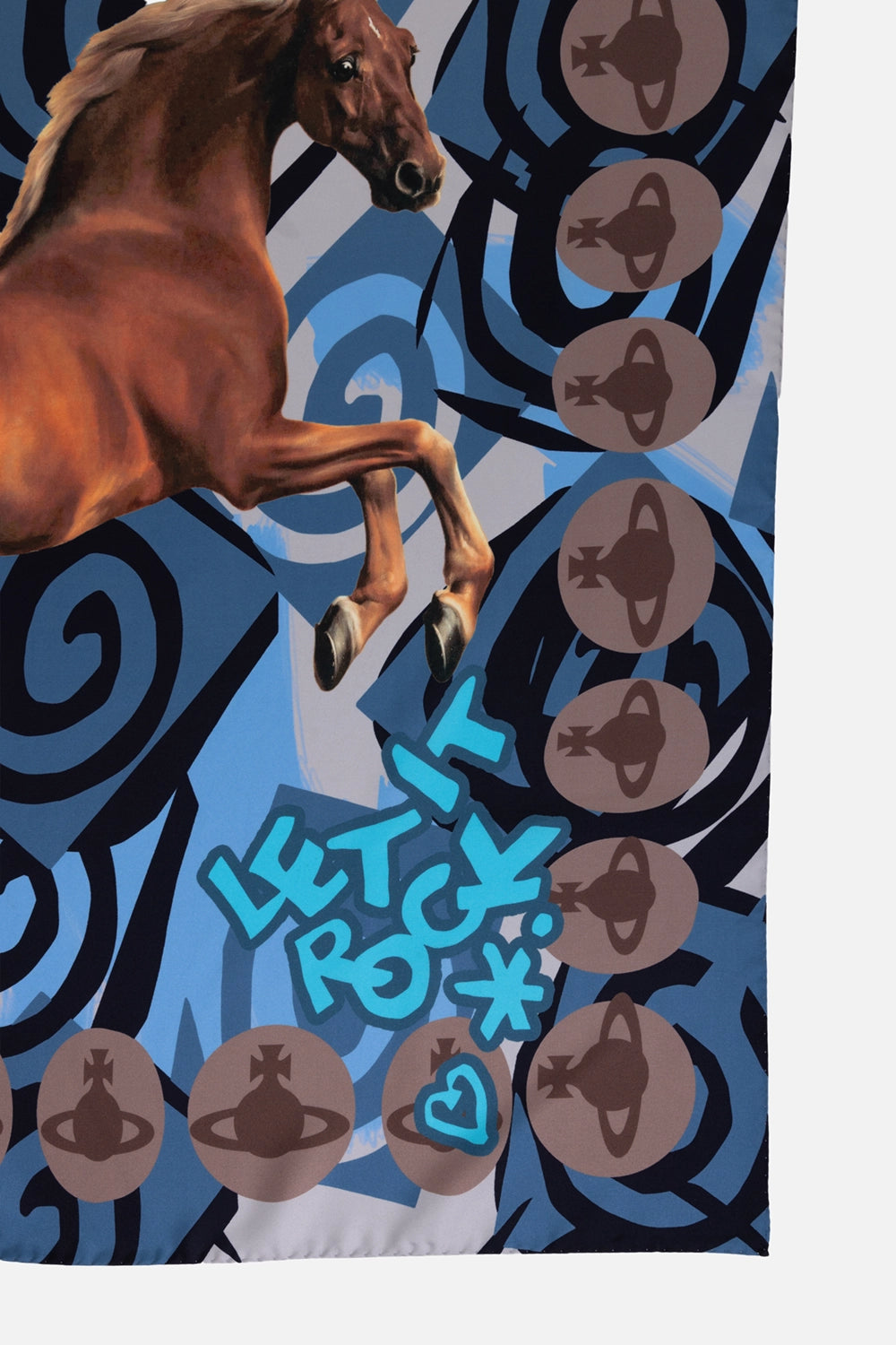Vivienne Westwood unisex silk square scarf in aqua, print detail with horse legs, orb border and Let It Rock lettering
