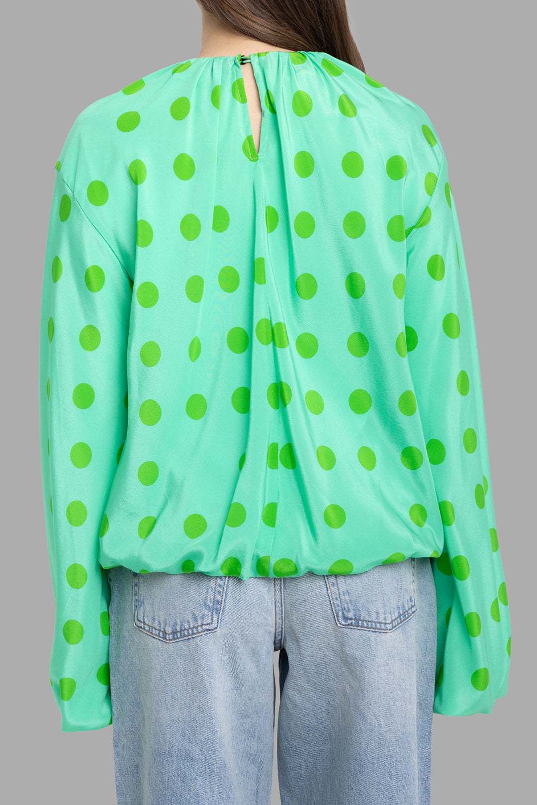 Natasha Zinko women silk top in green, back view, keyhole closure and softly bloused hem