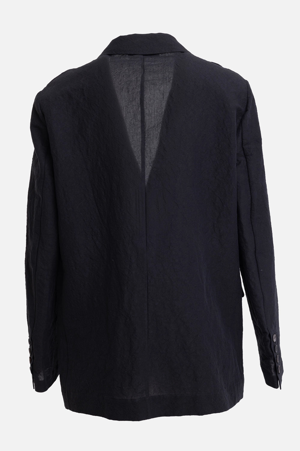 Gentry Portofino women's linen-cotton blazer in black, back view, center back seam and cuff buttons
