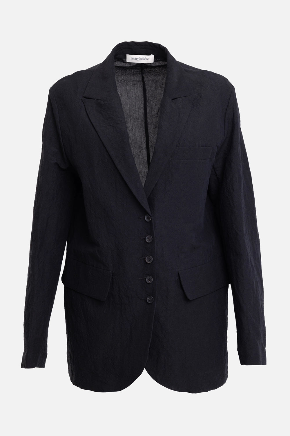Gentry Portofino women's linen-cotton blazer in black, front view, notch lapels and five-button closure
