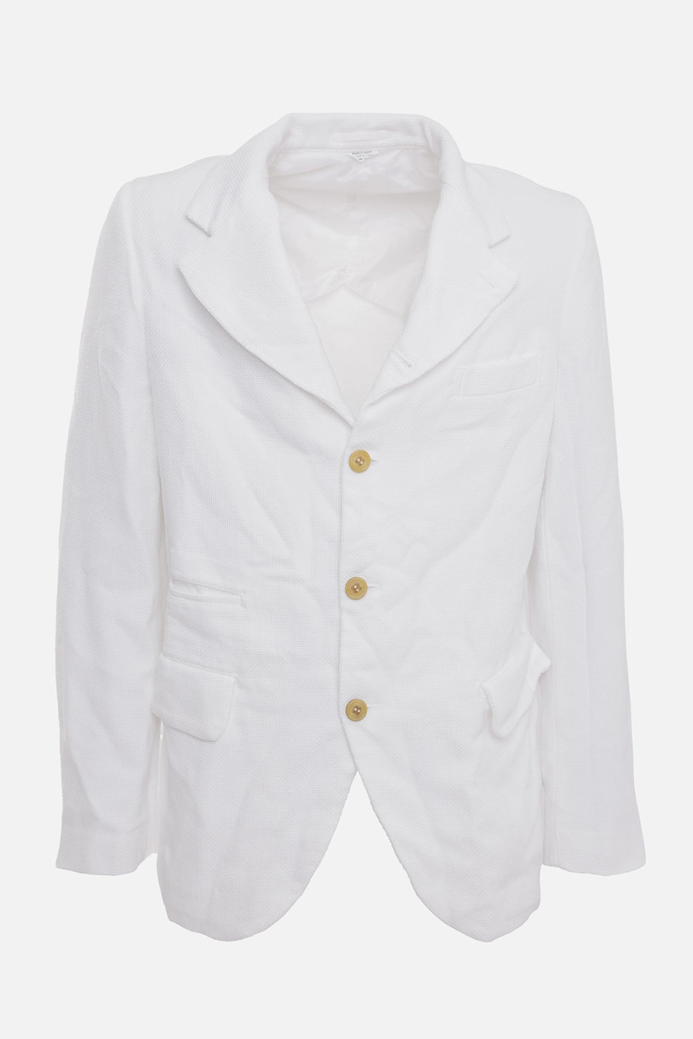 COMME des GARÇONS HOMME PLUS men's blazer in white, front view, notched lapels and horn-look buttons