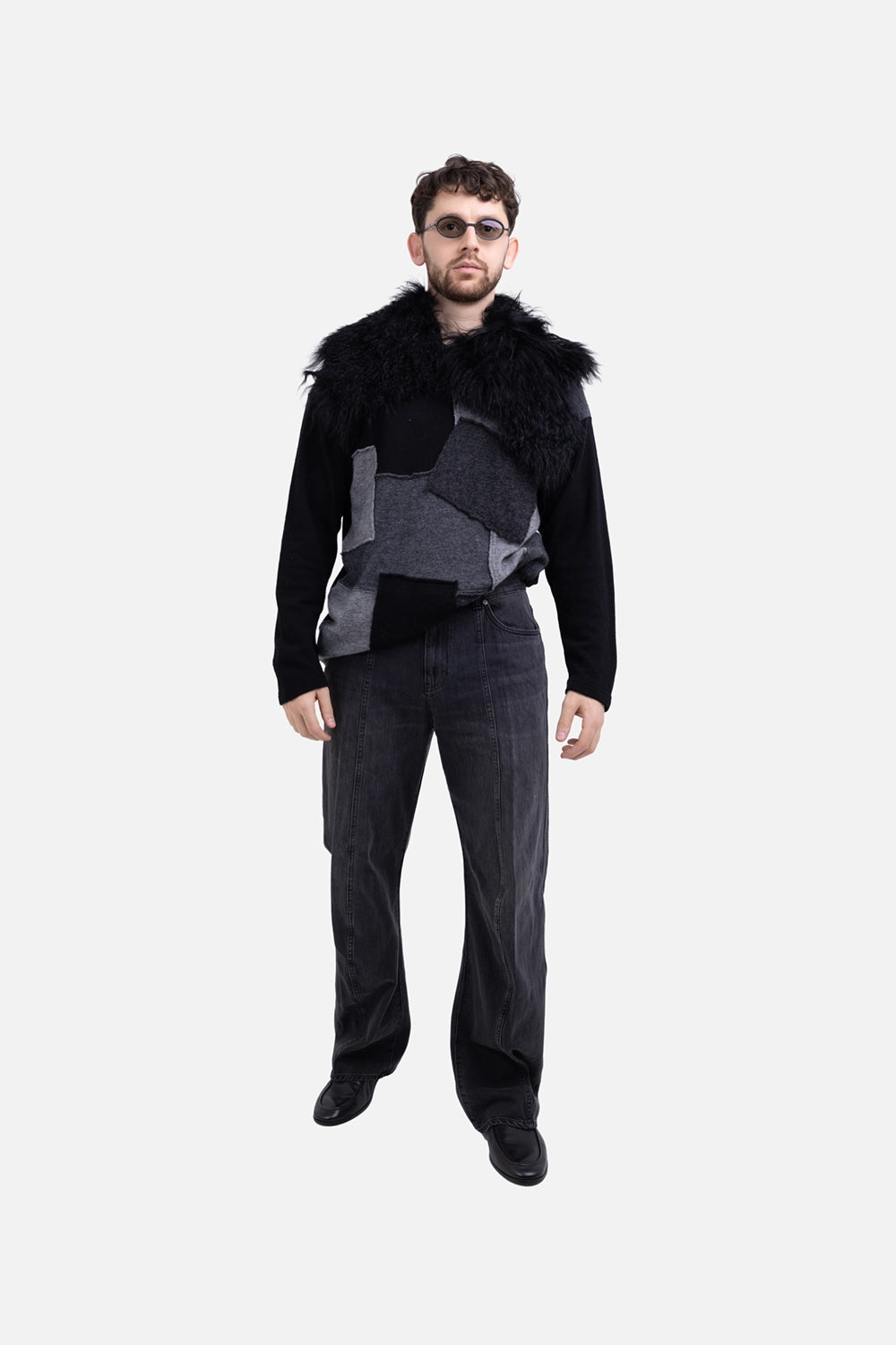 Helmut Lang men's ski jeans in faded black, on-model full length, relaxed straight leg with subtle flare