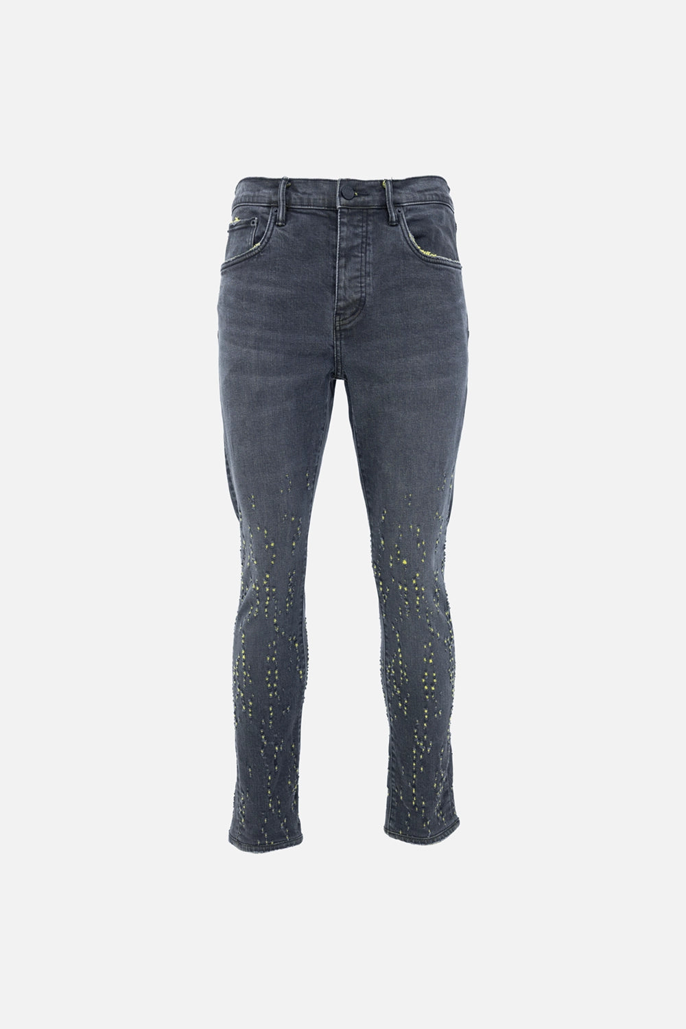 Pre-owned Purple men's skinny jeans in charcoal black, front view, paint-splatter detailing along legs