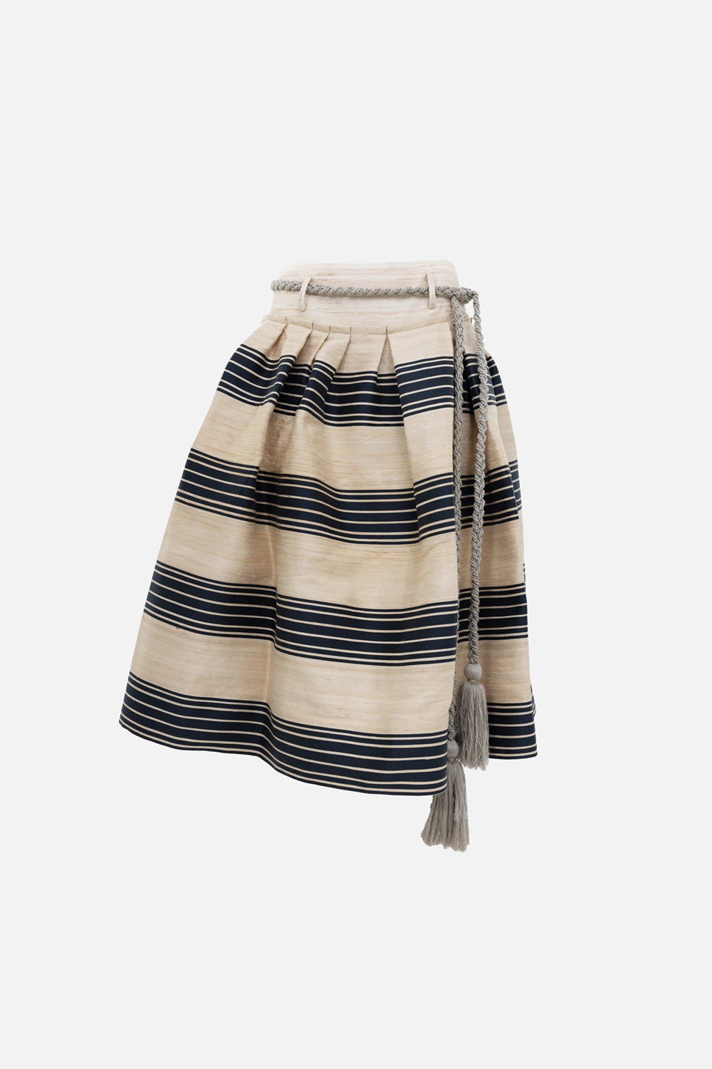 Pre-owned Oscar de la Renta women's skirt in beige and navy, angled view, tasselled rope belt and striped panels