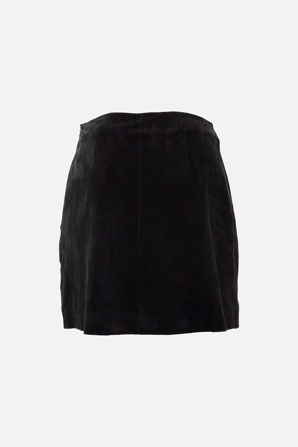 By Malene Birger women's suede skirt in black, back view, minimal A-line shape with straight mini hem