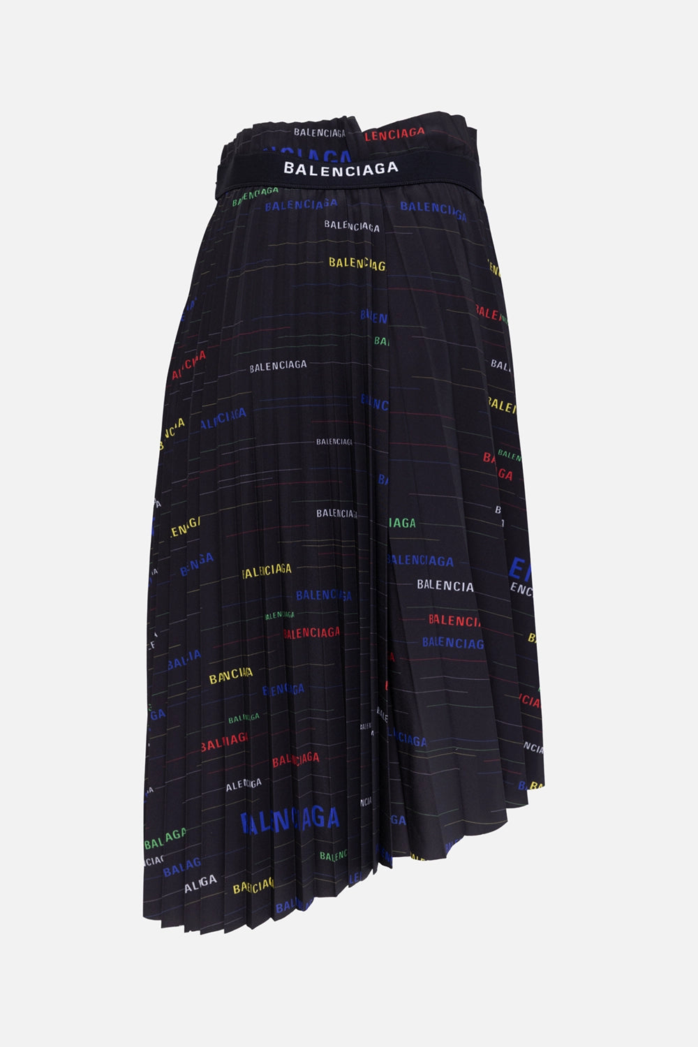 Pre-owned Balenciaga women's pleated skirt in black, back view, logo waistband detail and multicolour print