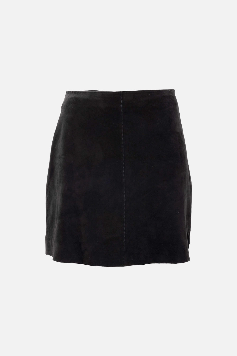 By Malene Birger women's suede skirt in black, front view, clean waistband with smooth finish