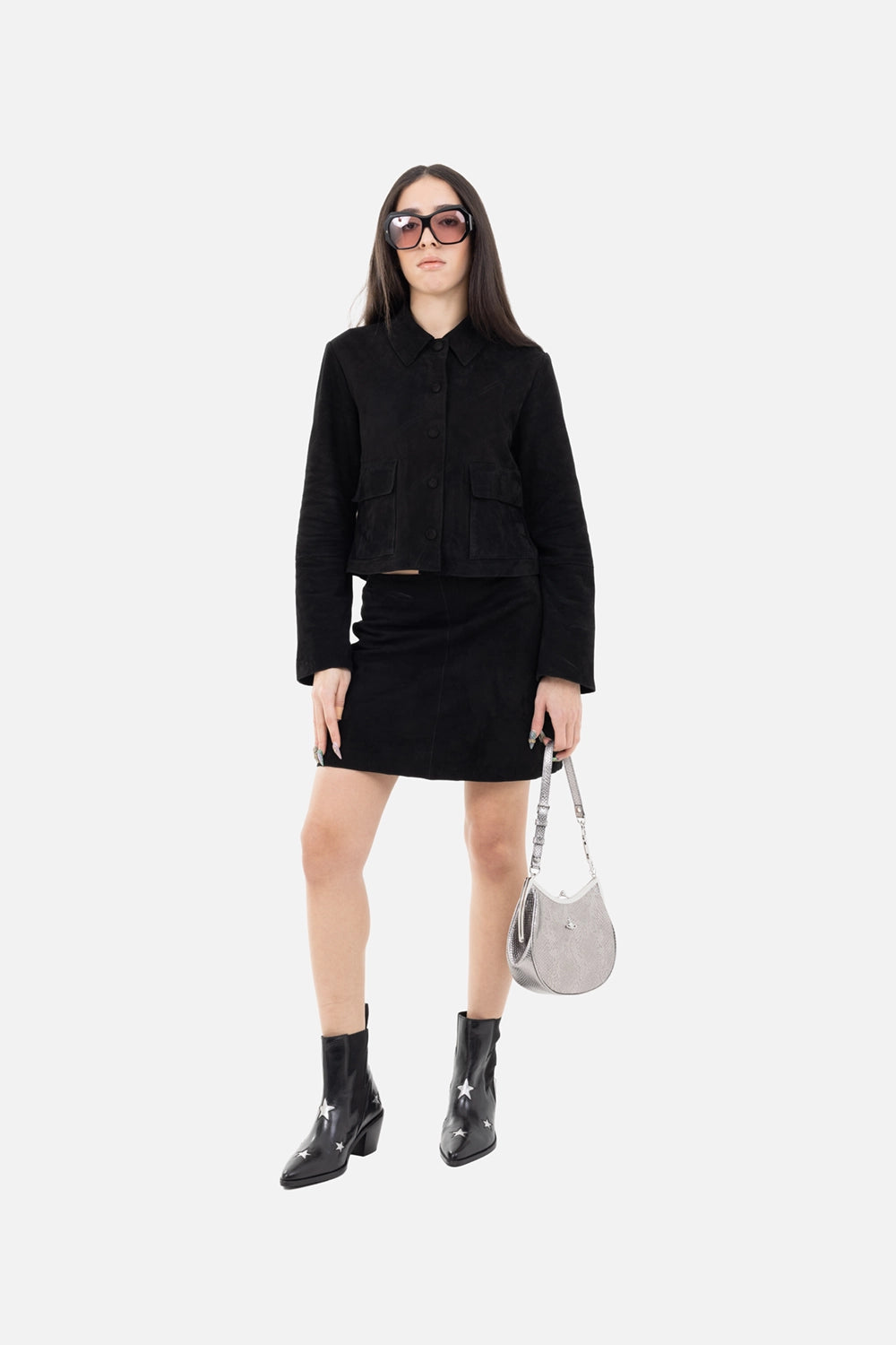 By Malene Birger women's suede skirt in black, on-model full-length, mini silhouette styled with black jacket