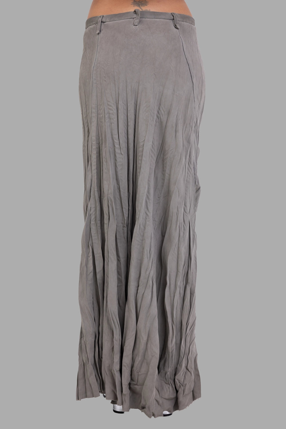 Masnada women's maxi skirt in Dust, back view, long column shape and textured pleats