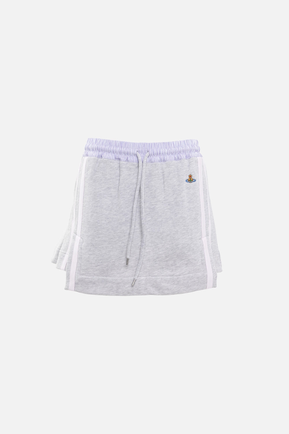 Vivienne Westwood women's cheerleader skirt in grey/white stripe, front view, drawstring waistband and side stripes