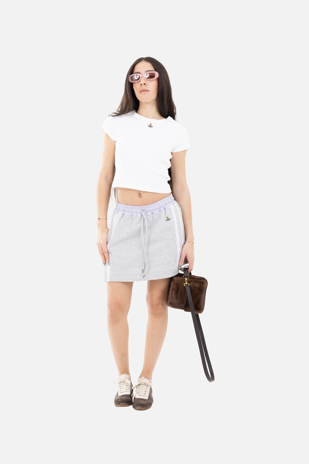 Vivienne Westwood women's cheerleader skirt in grey/white stripe, on-model full length, drawstring waist and orb logo