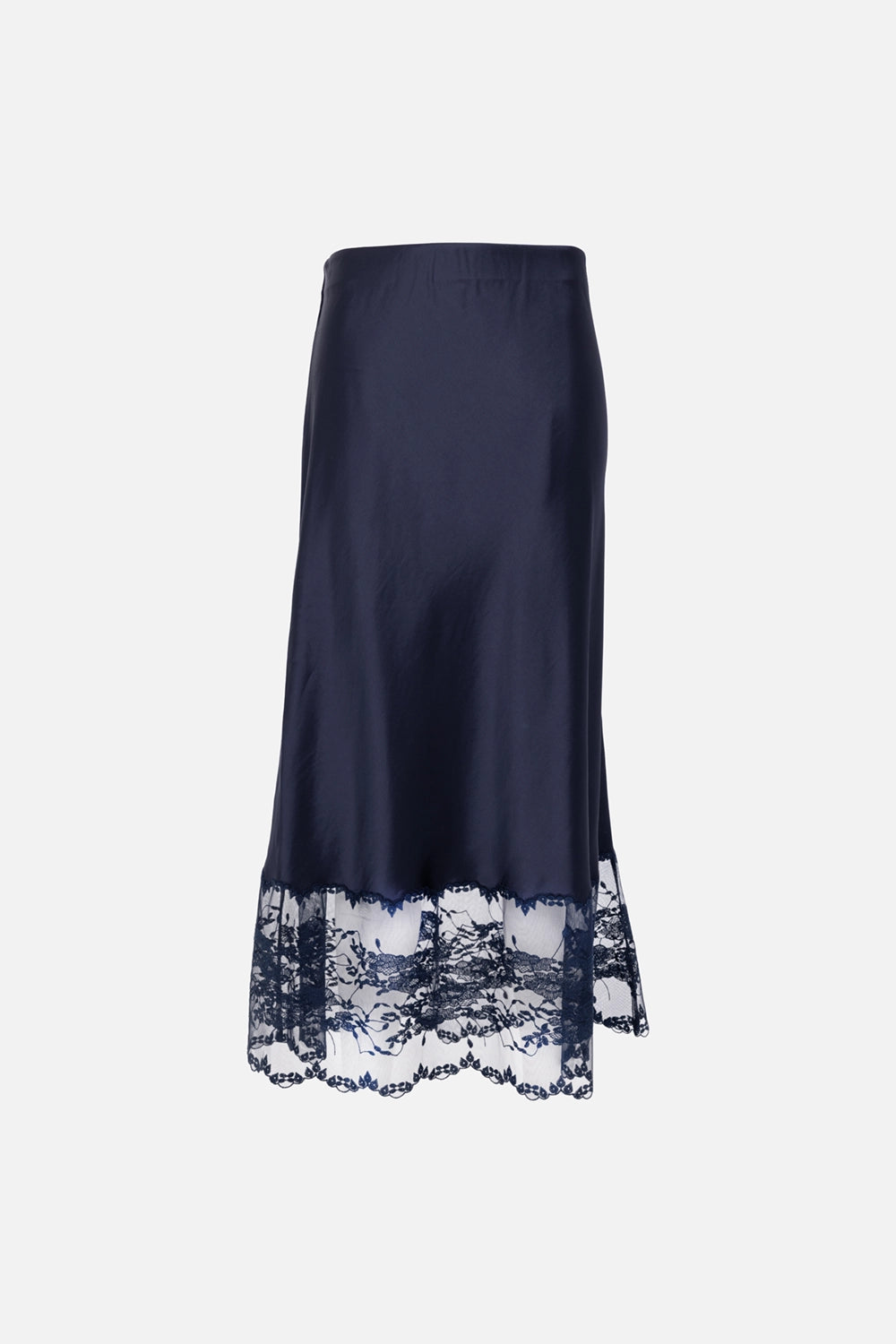 By Malene Birger women maxi skirt in night sky, front view, satin finish with sheer lace hem