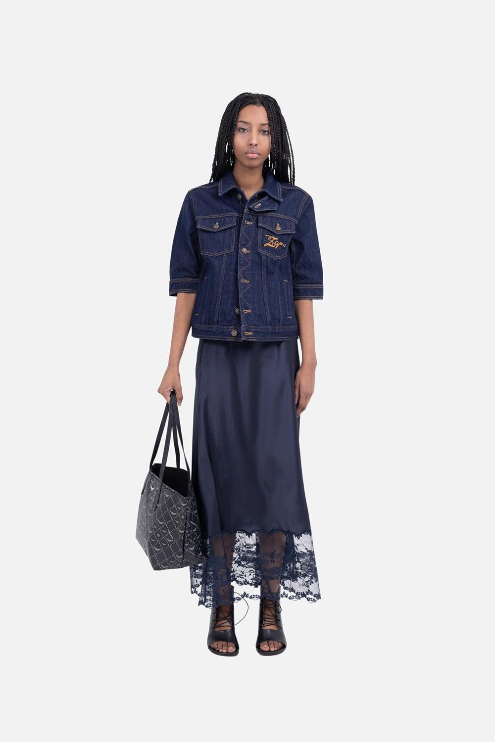 By Malene Birger women maxi skirt in night sky, on-model full length, lace hem panel with scalloped edge