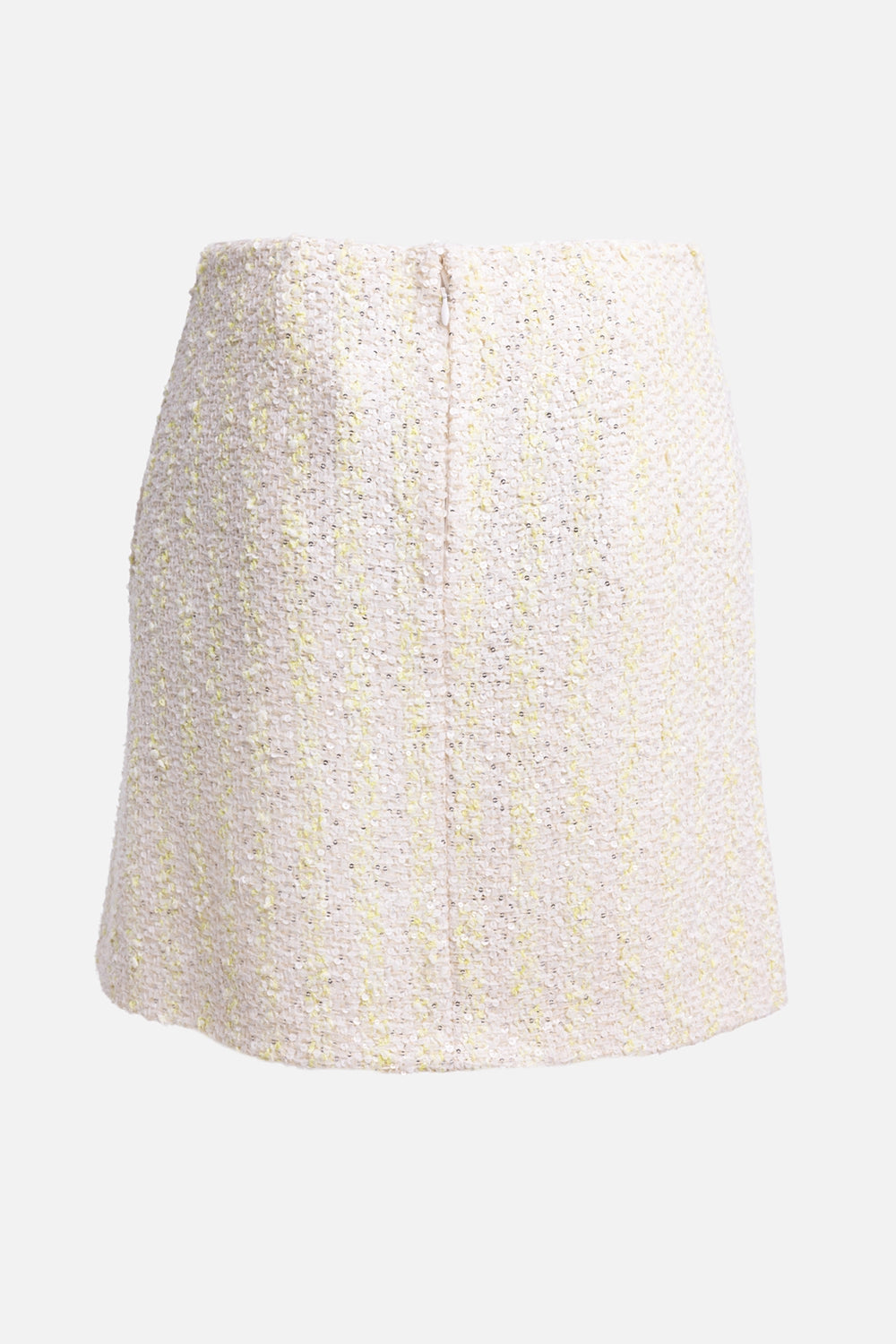 Pre-owned Chanel women's skirt in yellow and light beige, back view, concealed centre zip and straight hem.