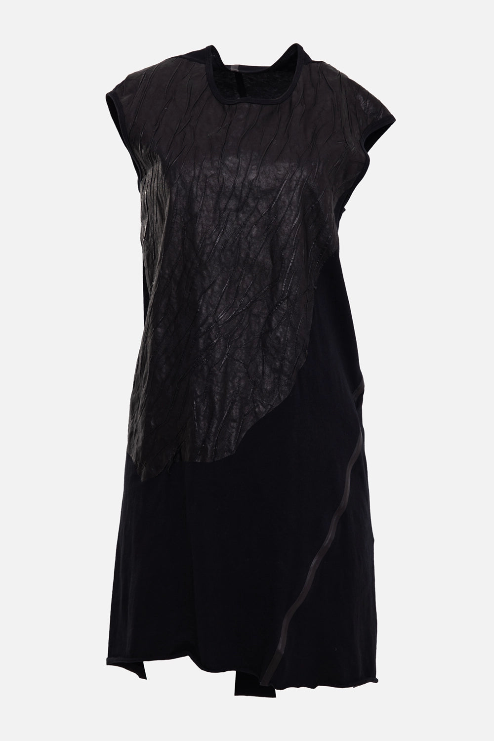 Isaac Sellam women's dress in black, front view, diagonal leather overlay and rounded neckline