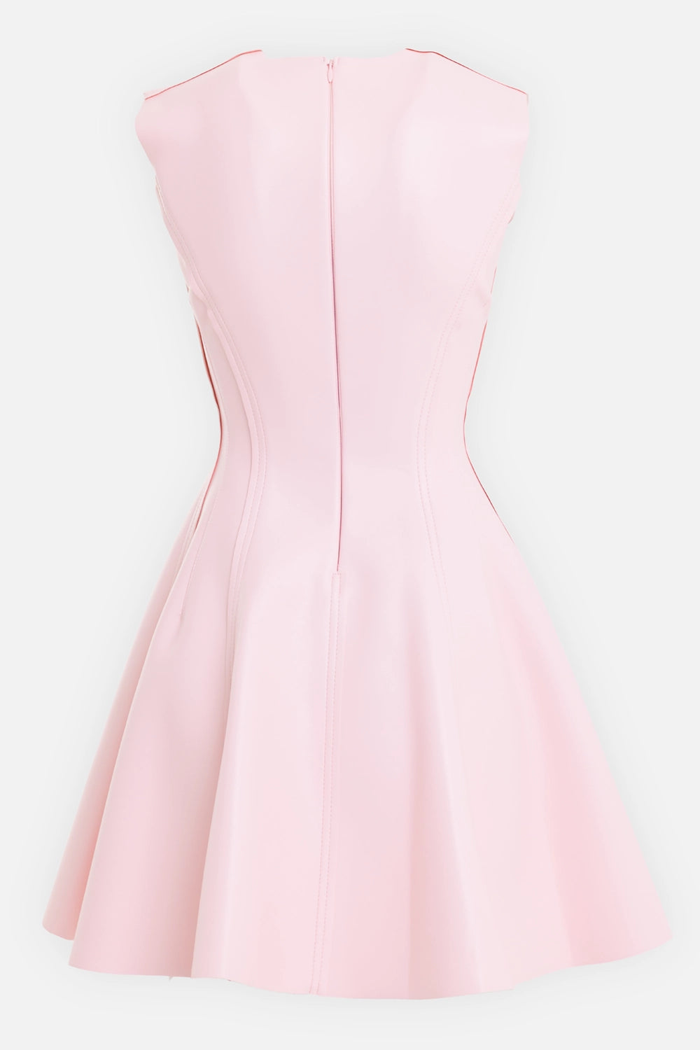 Norma Kamali women's Grace mini dress in ballet pink, back view, center zip and fitted waist seams
