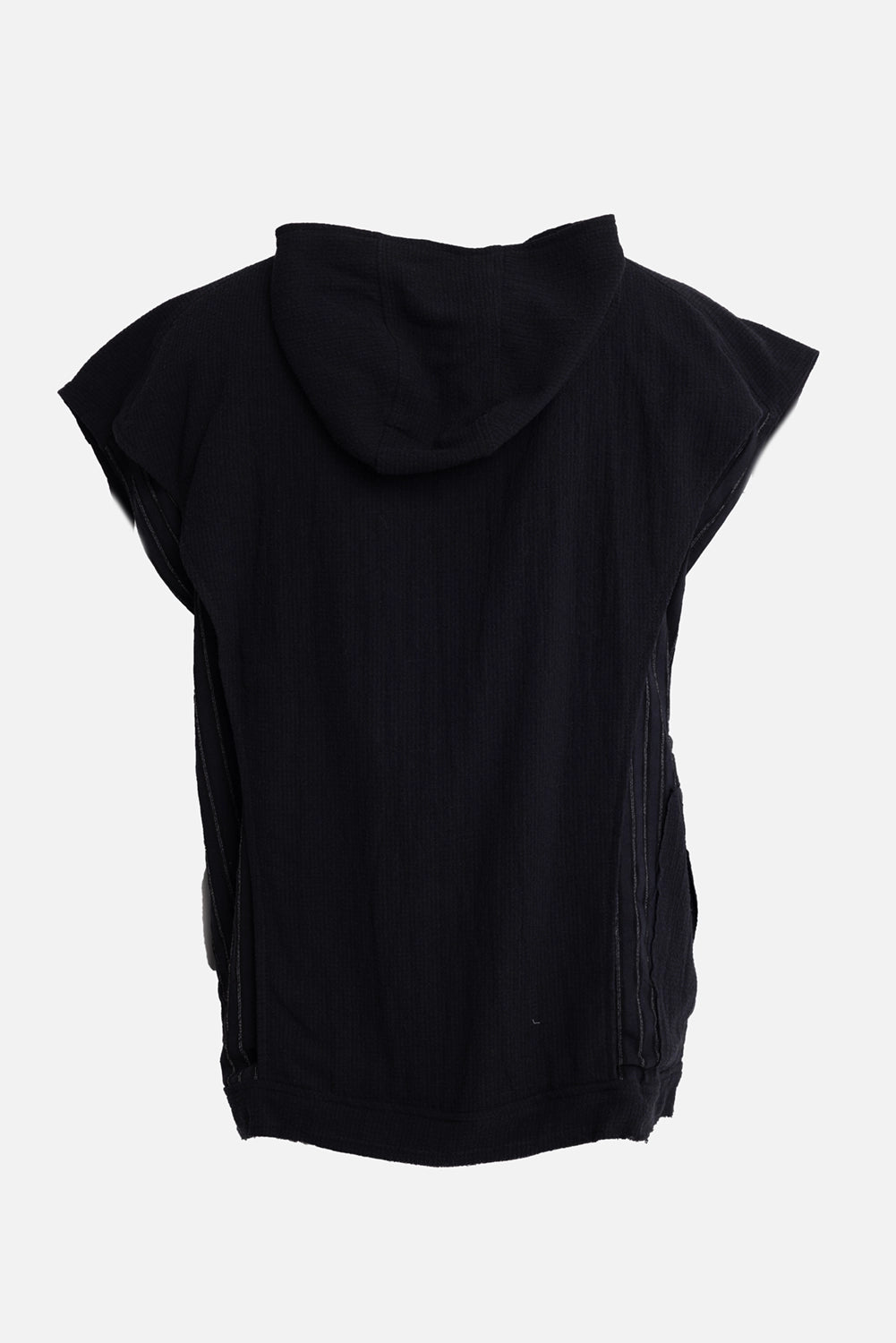 La Haine Inside Us men's sleeveless hooded jacket in black, back view, draped hood and cap sleeves