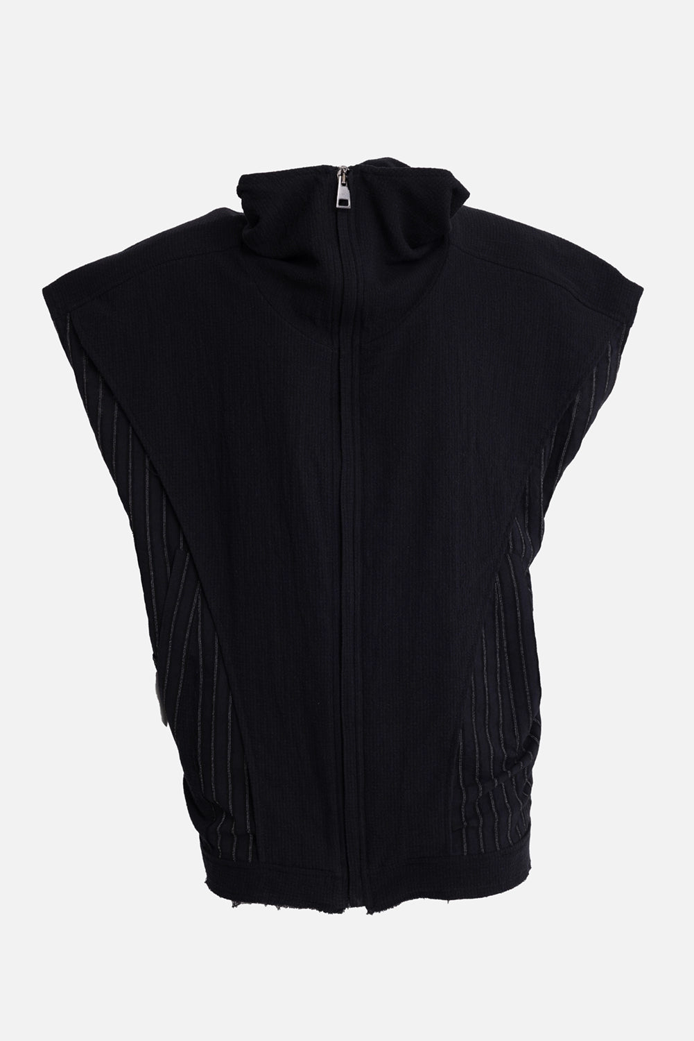 La Haine Inside Us men's sleeveless hooded jacket in black, front view, silver zip pull and side pinstripe inserts