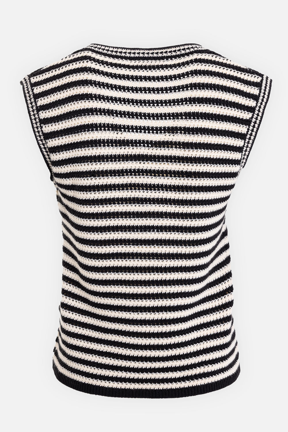 ANINE BING women's sleeveless sweater in black and ivory stripe, back view, striped knit and ribbed hem