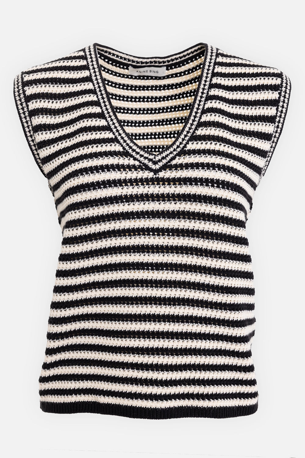 ANINE BING women's sleeveless sweater in black and ivory stripe, front view, V-neck and ribbed hem