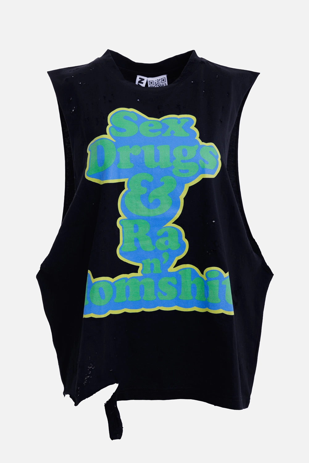 Natasha Zinko women's black sleeveless T-shirt, front view with raw armholes and oversized graphic