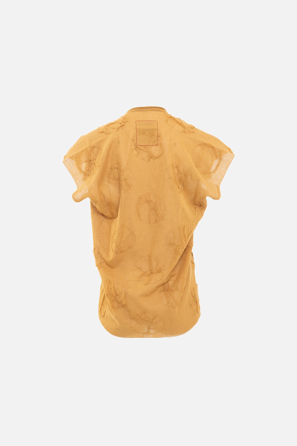 Uma Wang women’s sleeveless top in mustard, back view, semi-sheer knit with tonal pois texture and curved hem